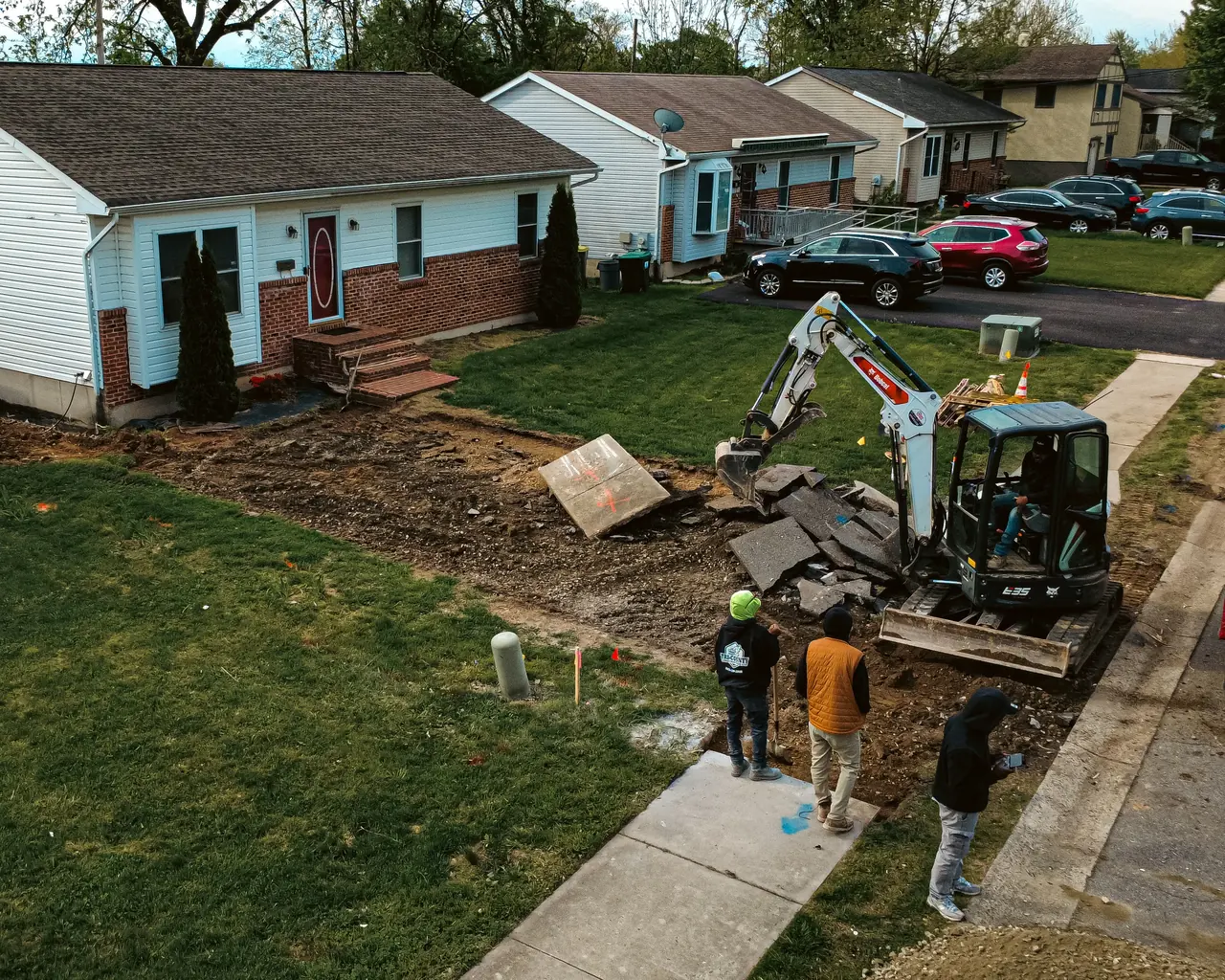 Aerial view of an active excavation and site-work job in New Castle County, DE