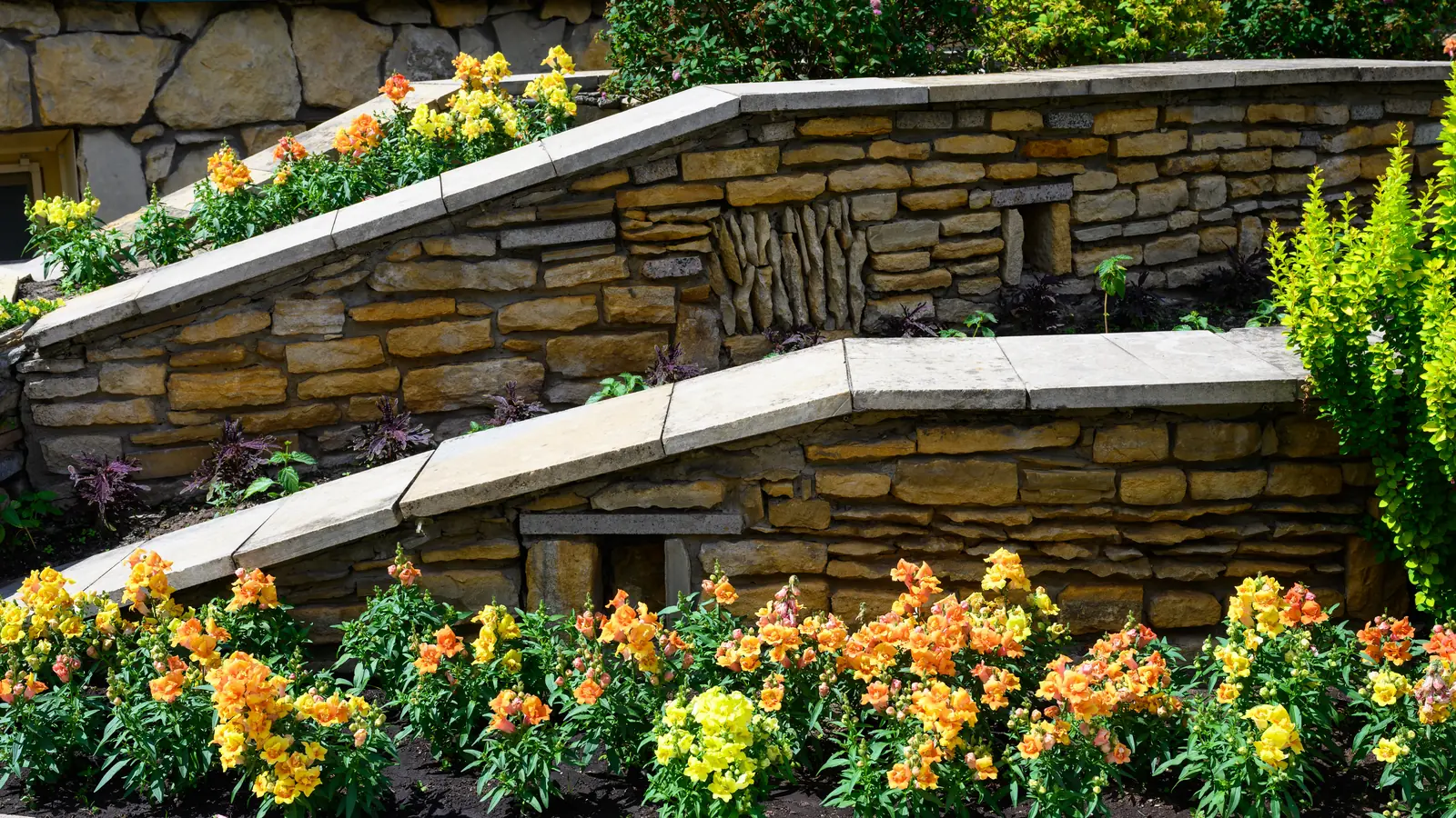 Concrete retaining wall with flowerbeds in a residential backyard