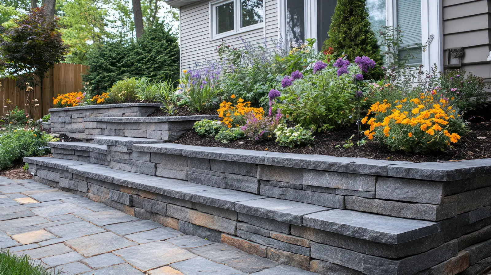 Tiered stone retaining wall with garden flowers in a residential yard
